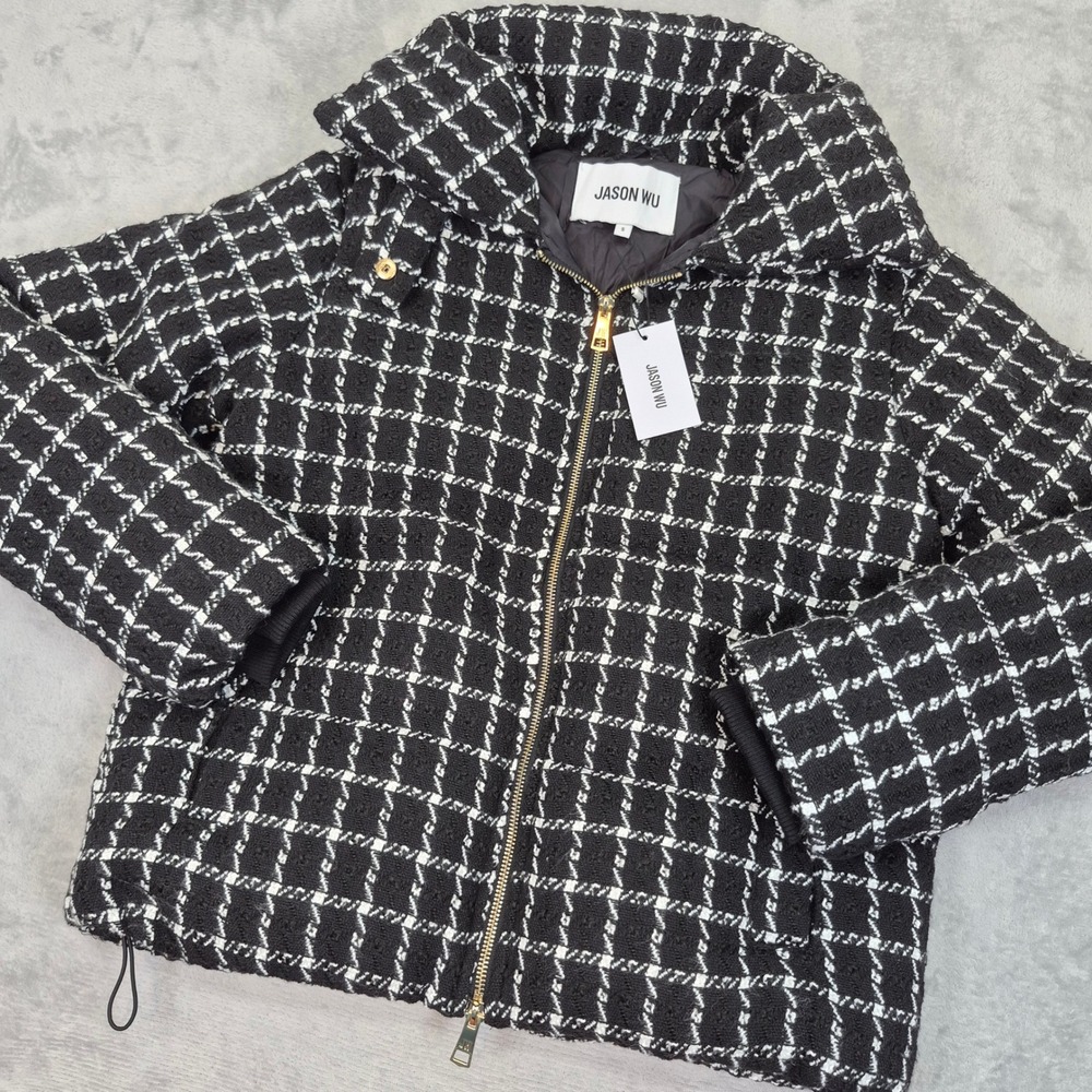 NWT Jason Wu Black White Tweed Grid Puffer Jacket Gold Zip JW-462 Small Coat